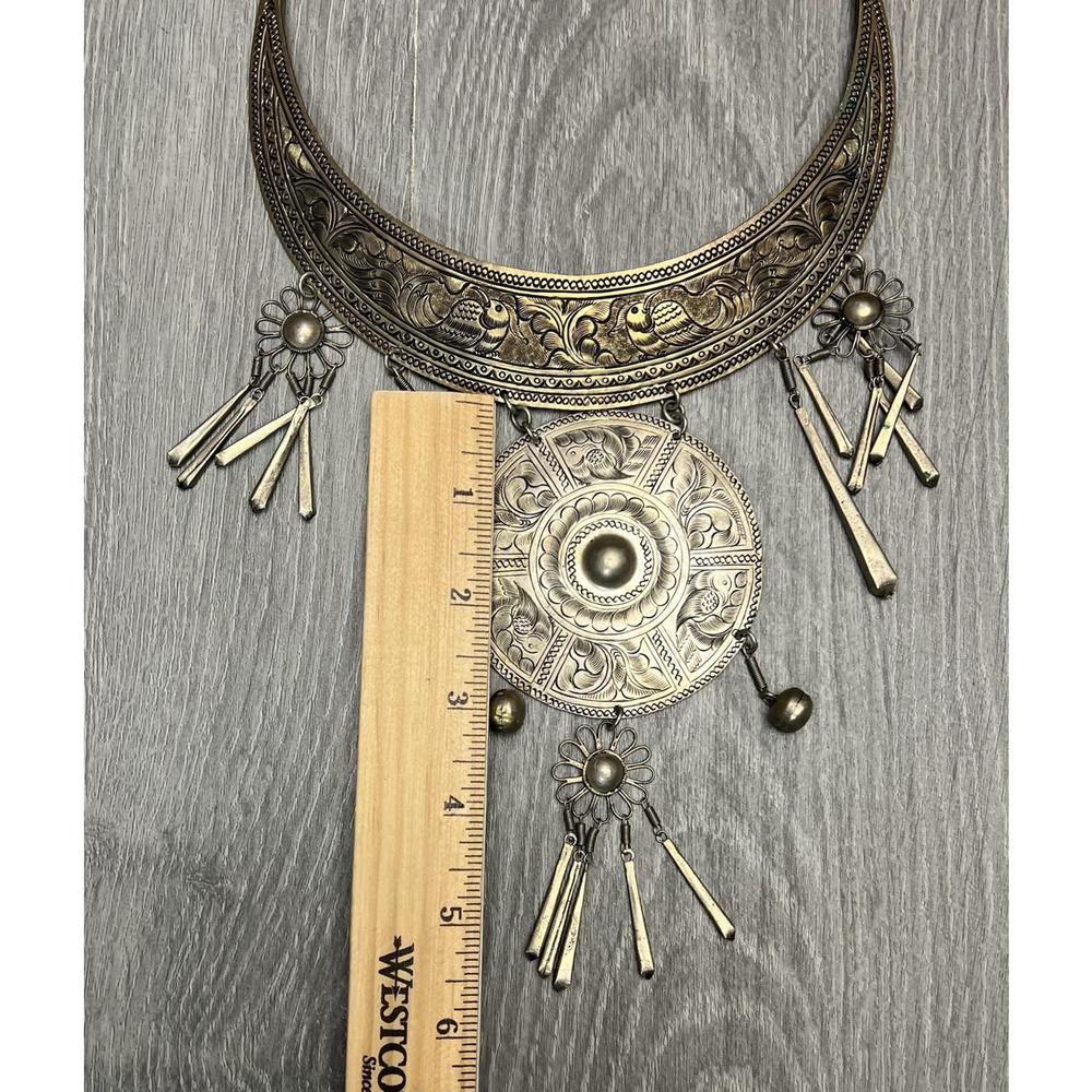 Tribal Boho Collar Statement Necklace Engraved Birds Medallion Dangles Bells - Picture 15 of 16